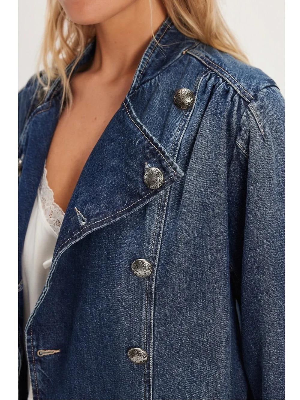 Free People Imogene Denim Officer Jacket in Ensign Wash Large Military Denim - Picture 10 of 16